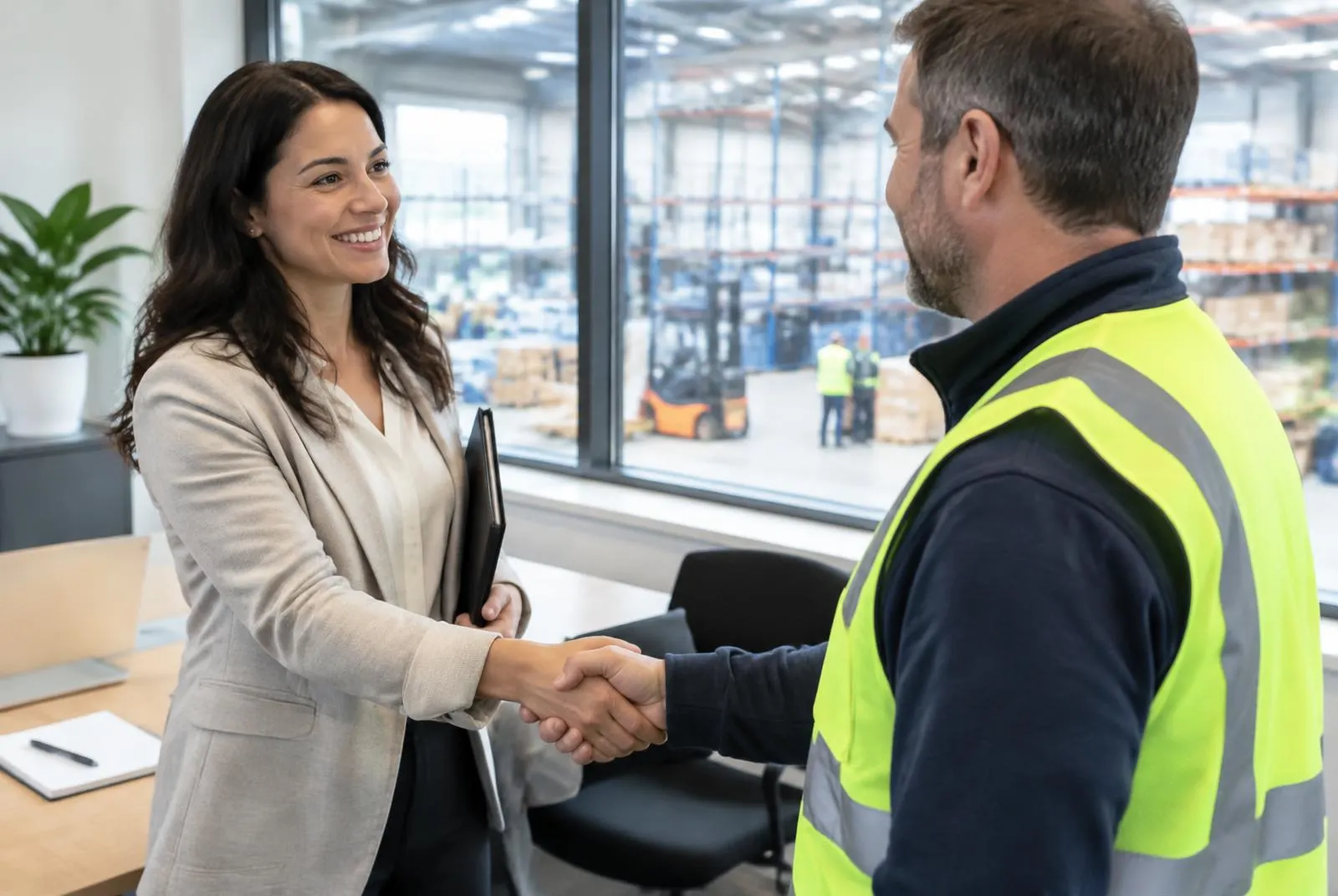 A Hunterskill consultant shaking hands with a warehouse supervisor