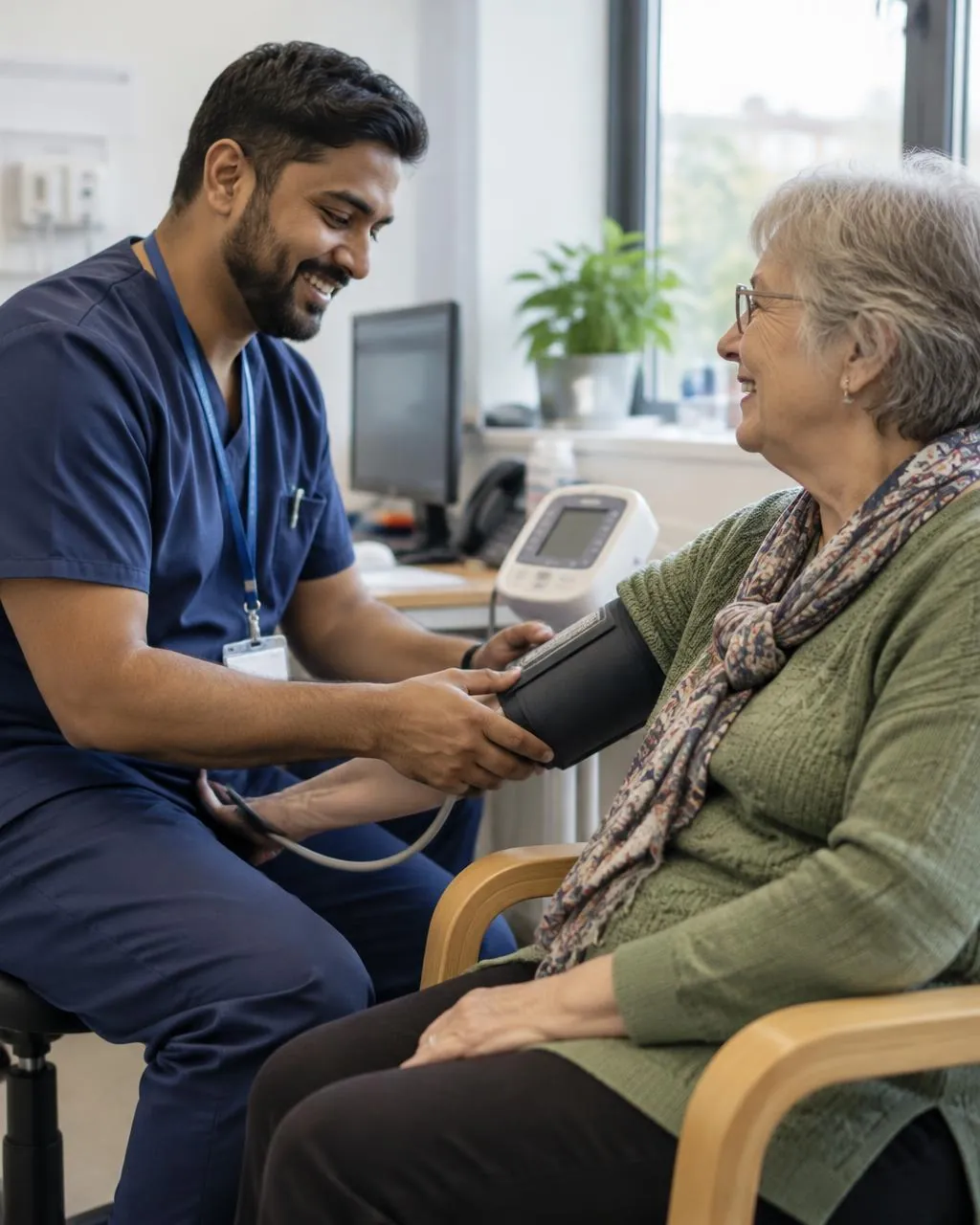 A healthcare assistant taking an older man's blood pressure at home