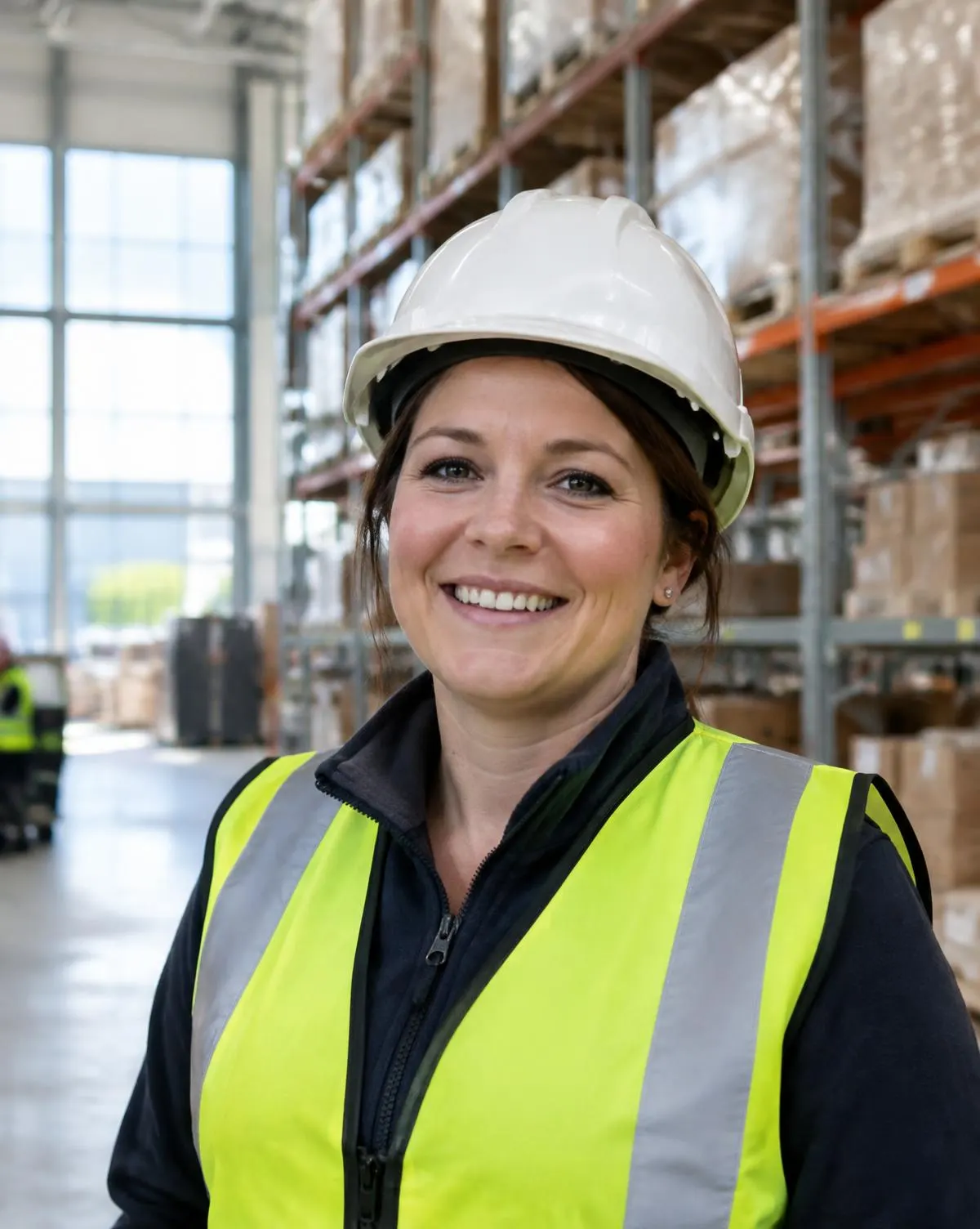 A smiling warehouse operative in a hard hat and hi-vis vest in front of racking