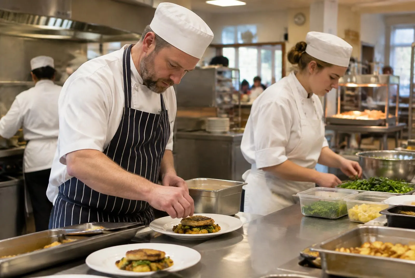 A chef plating food beside a kitchen assistant in a busy commercial kitchen