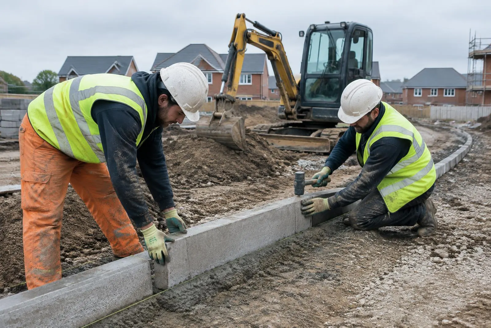Two groundworkers in hard hats laying kerbs on a housing site