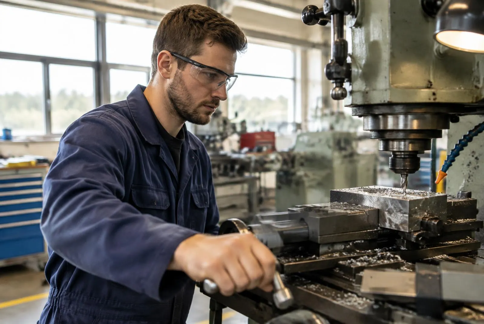 An engineer in overalls and safety glasses operating a milling machine