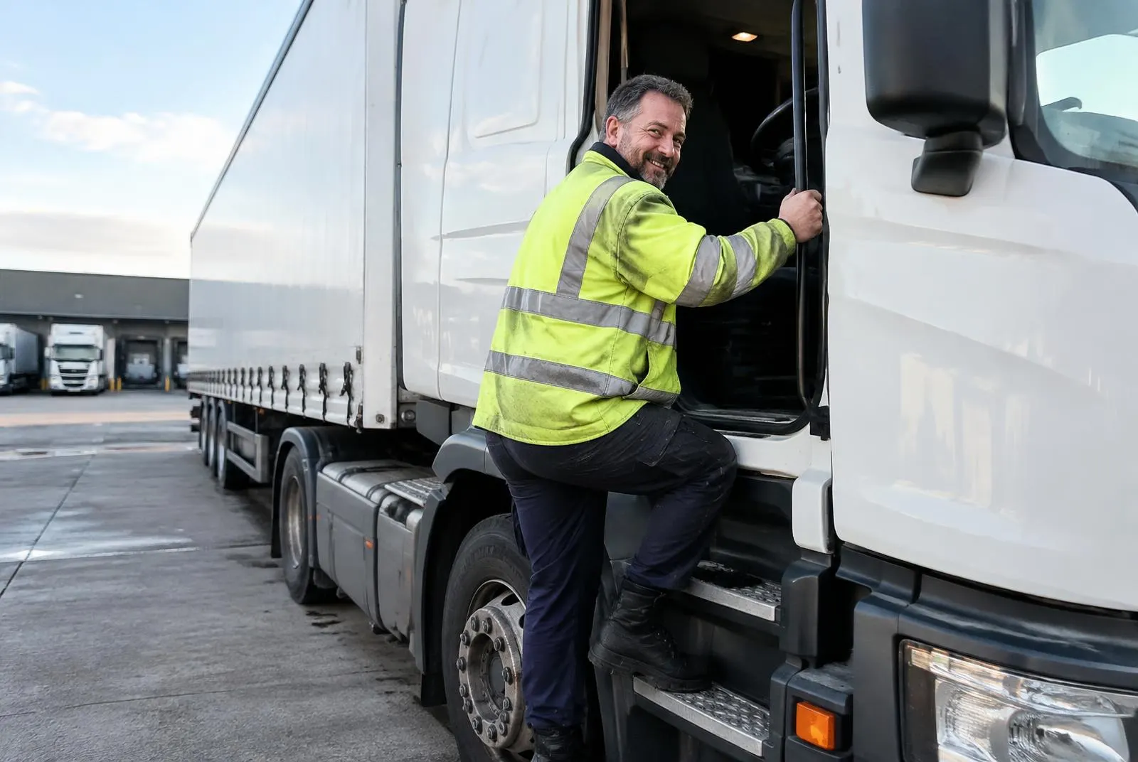 A smiling HGV driver in a hi-vis jacket climbing into the cab of his lorry